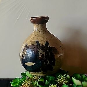 Speckled Brown Ceramic Vase with Dark Glaze Accent
